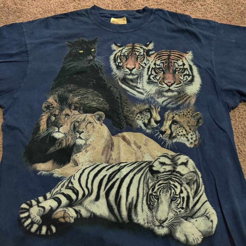 Vintage The Mountain Dark Blue‎ Tie Dye Tiger Design Short Sleeve Size XL